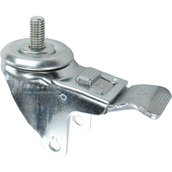A bright zinc plated swivel caster rig with a total lock brake and a 1 inch long, 1/2 inch wide threaded stem, showing a double ball raceway.