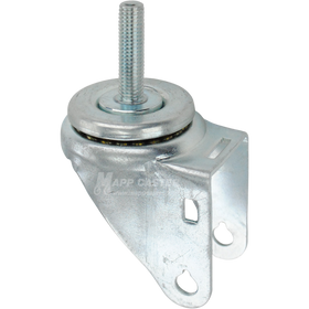 A bright zinc plated swivel caster rig for 3.5 inch wheels with a 12mm threaded stem, showing a double ball raceway