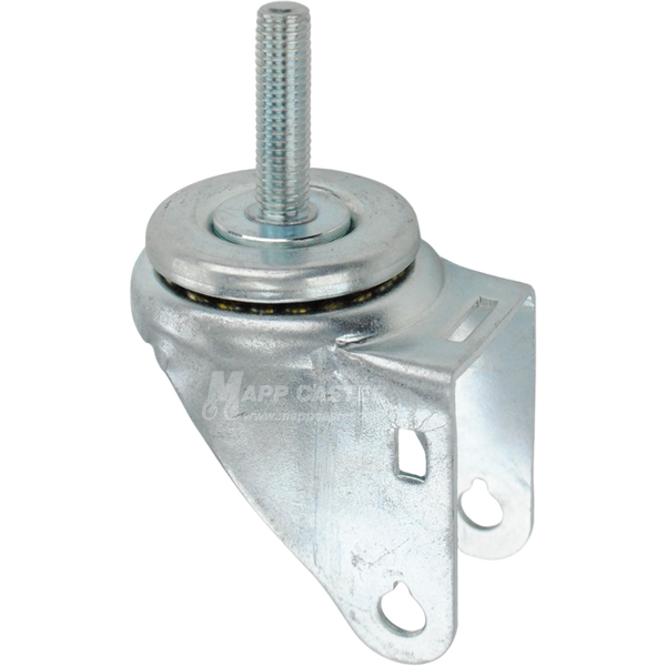 A bright zinc plated swivel caster rig for 3.5 inch wheels with a 12mm threaded stem, showing a double ball raceway
