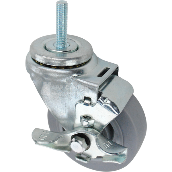 Swivel caster with a top lock brake, a 3.5 inch grey thermoplastic rubber wheel and 10mm wide threaded metal stem