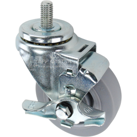 Swivel caster with a top lock brake, a 3.5 inch grey thermoplastic rubber wheel and a 1 inch long, 1/2 inch wide threaded metal stem