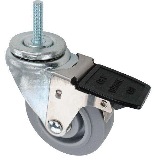 Swivel caster with a face contact brake, a 3.5 inch grey thermoplastic rubber wheel and 10mm wide threaded metal stem