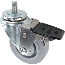 Swivel caster with a face contact brake, a 3.5 inch grey thermoplastic rubber wheel and a 1 inch long, 1/2 inch wide threaded metal stem