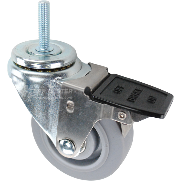 Swivel caster with a face contact brake, a 3.5 inch grey thermoplastic rubber wheel and 3/8 inch wide threaded metal stem