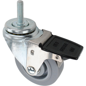 Swivel caster with a face contact brake, a 3.5 inch grey thermoplastic rubber wheel and 7/16 inch wide threaded metal stem
