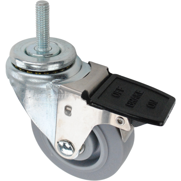 Swivel caster with a face contact brake, a 3.5 inch grey thermoplastic rubber wheel and 7/16 inch wide threaded metal stem
