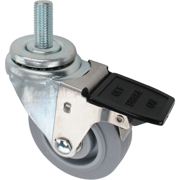 Swivel caster with a face contact brake, a 3.5 inch grey thermoplastic rubber wheel and 20mm wide threaded metal stem