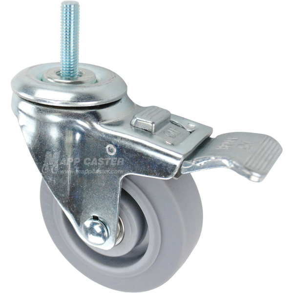 Caster wheel with a total lock brake, a 3.5 inch grey thermoplastic rubber wheel and 3/8 inch wide threaded metal stem