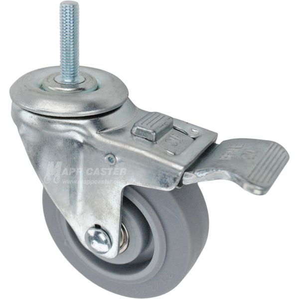 Caster wheel with a total lock brake, a 3.5 inch grey thermoplastic rubber wheel and 10mm wide threaded metal stem