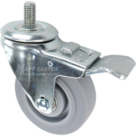 Caster wheel with a total lock brake, a 3.5 inch grey thermoplastic rubber wheel and a 1 inch long, 1/2 inch wide metal threaded stem