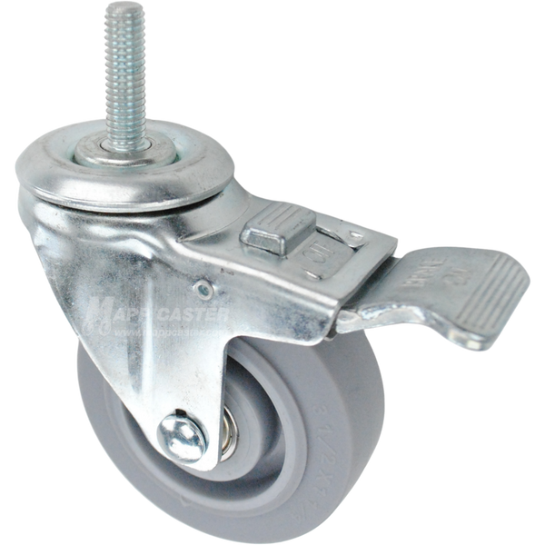 Caster wheel with a total lock brake, a 3.5 inch grey thermoplastic rubber wheel and 7/16 inch wide threaded metal stem