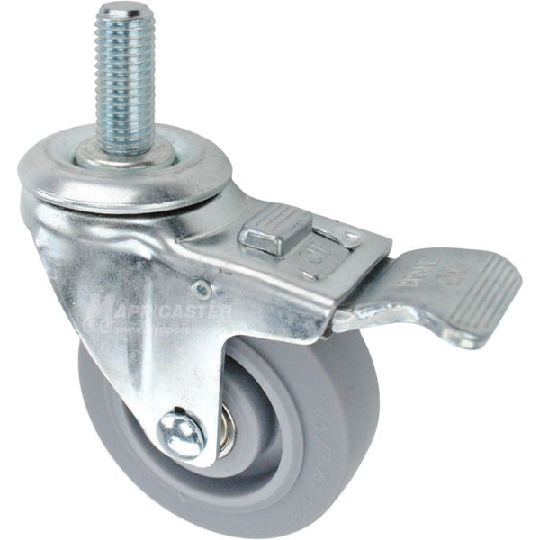 Caster wheel with a total lock brake, a 3.5 inch grey thermoplastic rubber wheel and 3/4 inch wide threaded metal stem