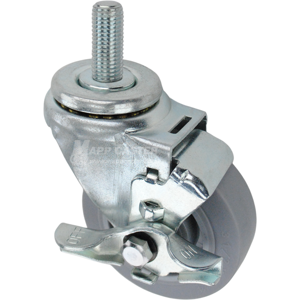 Swivel caster with a top lock brake, a 3.5 inch grey thermoplastic rubber wheel and 16mm wide threaded metal stem