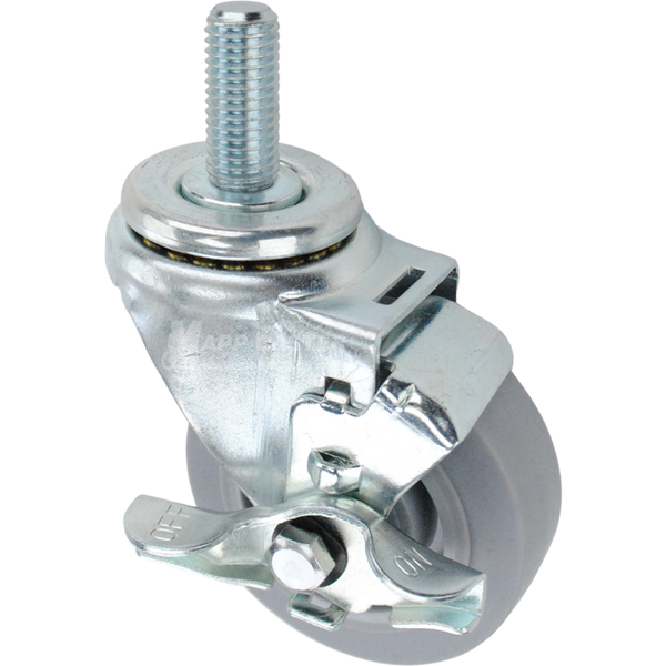 Swivel caster with a top lock brake, a 3.5 inch grey thermoplastic rubber wheel and 3/4 inch wide threaded metal stem