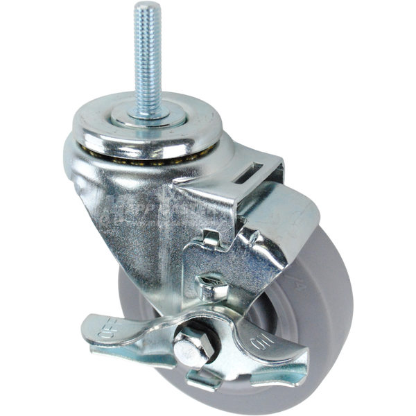 Swivel caster with a top lock brake, a 3.5 inch grey thermoplastic rubber wheel and 3/8 inch wide threaded metal stem