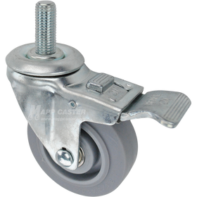 Caster wheel with a total lock brake, a 3.5 inch grey thermoplastic rubber wheel and 16mm wide threaded metal stem