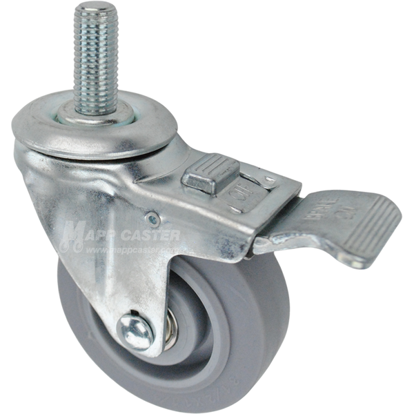 Caster wheel with a total lock brake, a 3.5 inch grey thermoplastic rubber wheel and 16mm wide threaded metal stem