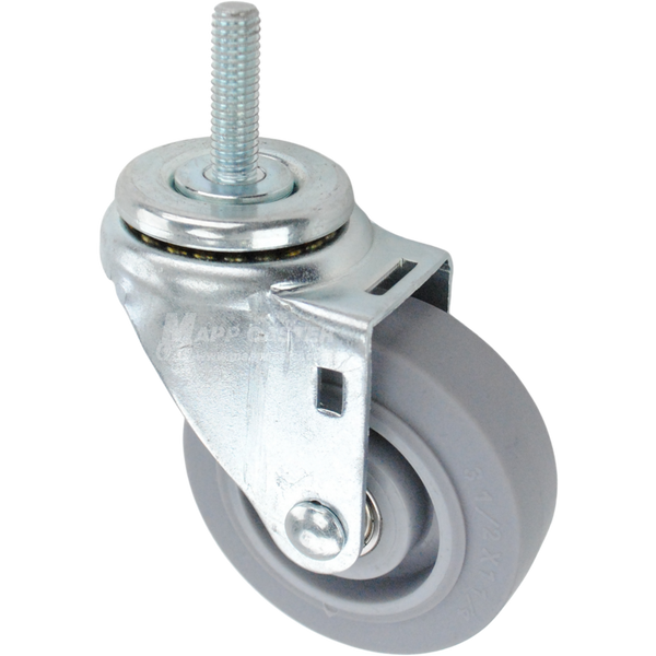 Swivel caster with a 3.5 inch grey thermoplastic rubber wheel and 7/16 inch wide threaded metal stem