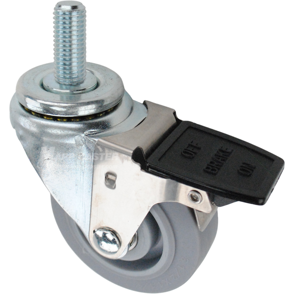 Swivel caster with a face contact brake, a 3.5 inch grey thermoplastic rubber wheel and 3/4 inch wide threaded metal stem