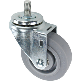 Swivel caster with a 3.5 inch grey thermoplastic rubber wheel and a 1 inch long, 1/2 inch wide threaded metal stem