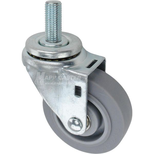 Swivel caster with a 3.5 inch grey thermoplastic rubber wheel and 20mm wide threaded metal stem