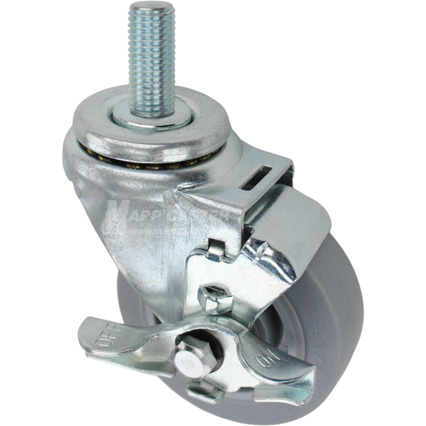 Swivel caster with a top lock brake, a 3.5 inch grey thermoplastic rubber wheel and 20mm wide threaded metal stem