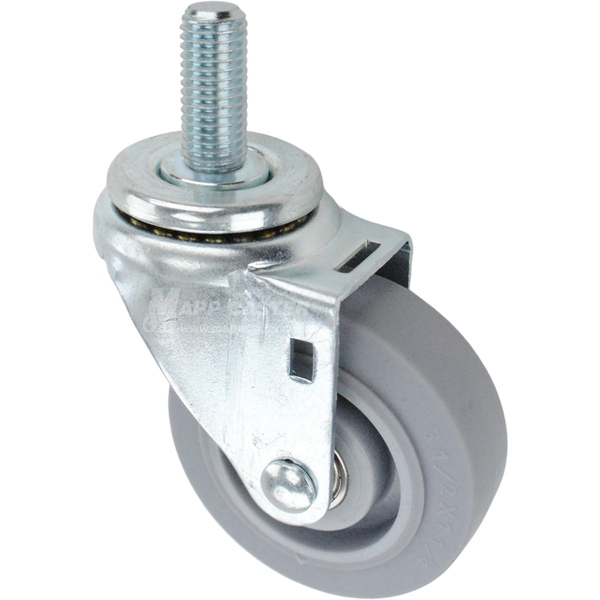 Swivel caster with a 3.5 inch grey thermoplastic rubber wheel and 3/4 inch wide threaded metal stem