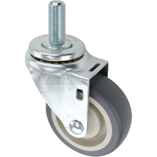 Swivel caster with a 3.5 inch grey polyurethane wheel and 3/4 inch wide threaded metal stem
