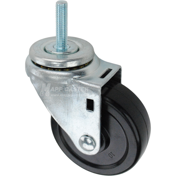 Swivel caster with a 3.5 inch black hard rubber wheel and 10mm wide threaded metal stem