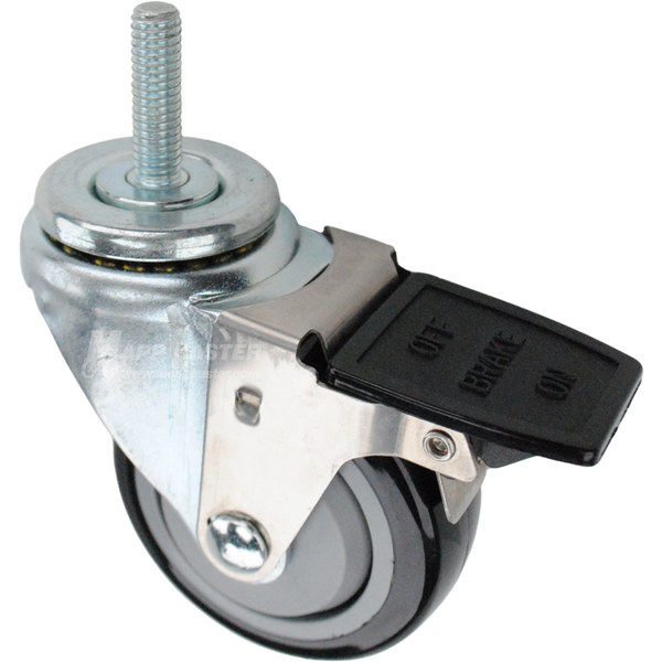 Swivel caster with a face contact brake, a 3.5 inch black polyurethane wheel and 7/16 inch wide threaded metal stem