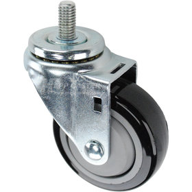 Swivel caster with a 3.5 inch black polyurethane wheel and a 1 inch long, 1/2 inch wide threaded metal stem