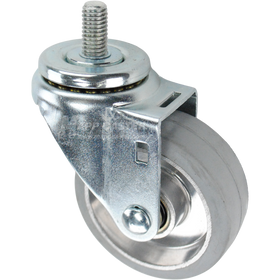 Swivel caster with a 3.5 inch grey rubber on aluminum wheel and a 1 inch long, 1/2 inch wide threaded metal stem