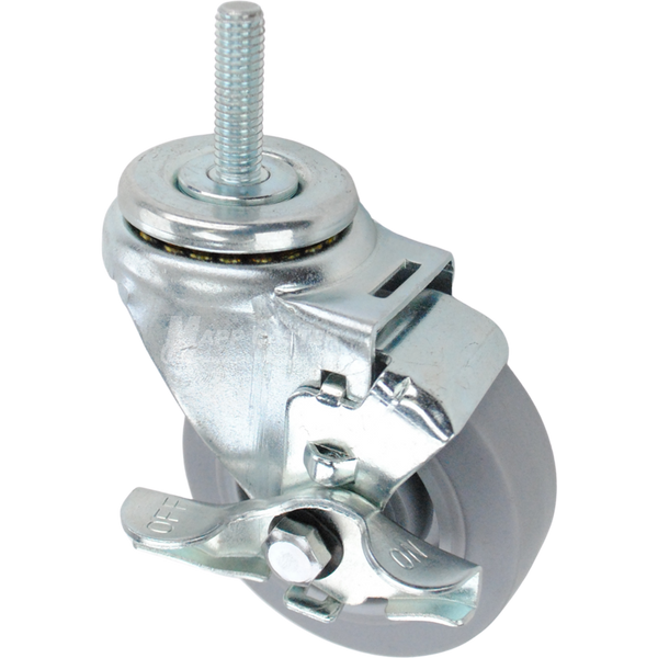 Swivel caster with a top lock brake, a 3.5 inch grey thermoplastic rubber wheel and 7/16 inch wide threaded metal stem