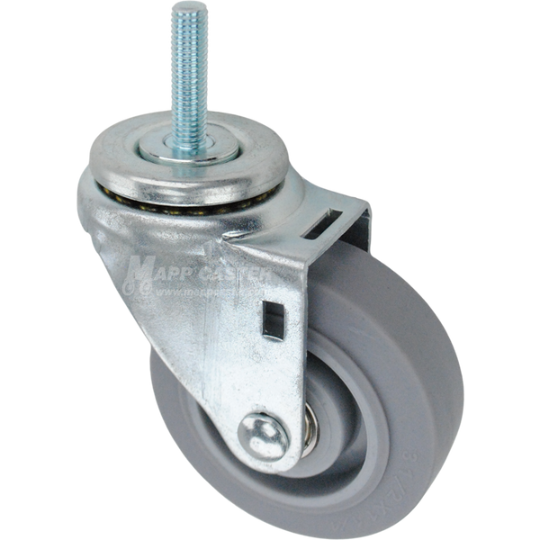 Swivel caster with a 3.5 inch grey thermoplastic rubber wheel and 10mm wide threaded metal stem