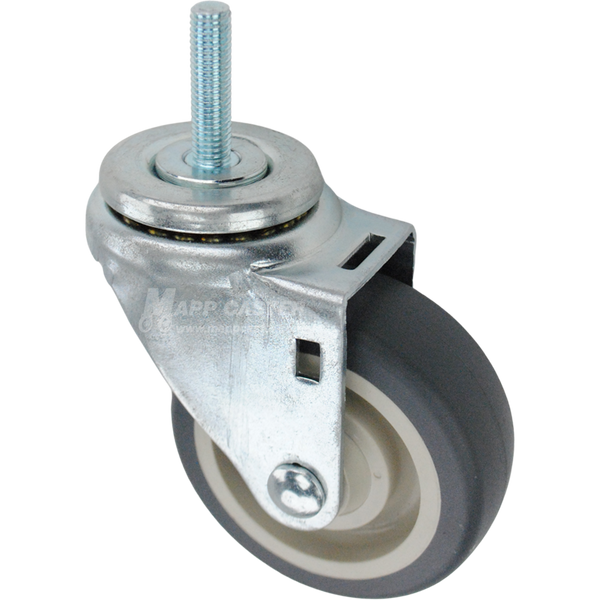 Swivel caster with a 3.5 inch grey polyurethane wheel and 10mm wide threaded metal stem