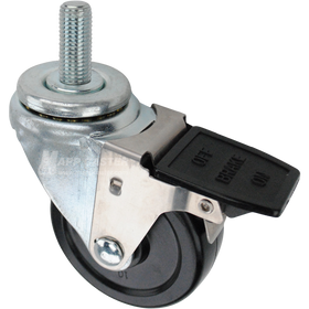 Swivel caster with a face contact brake, a 3.5 inch black hard rubber wheel and 16mm wide threaded metal stem