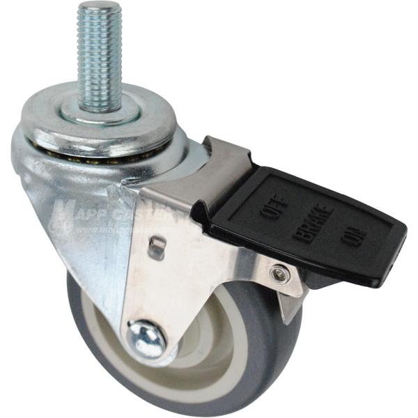 Swivel caster with a face contact brake, a 3.5 inch grey polyurethane wheel and 20mm wide threaded metal stem
