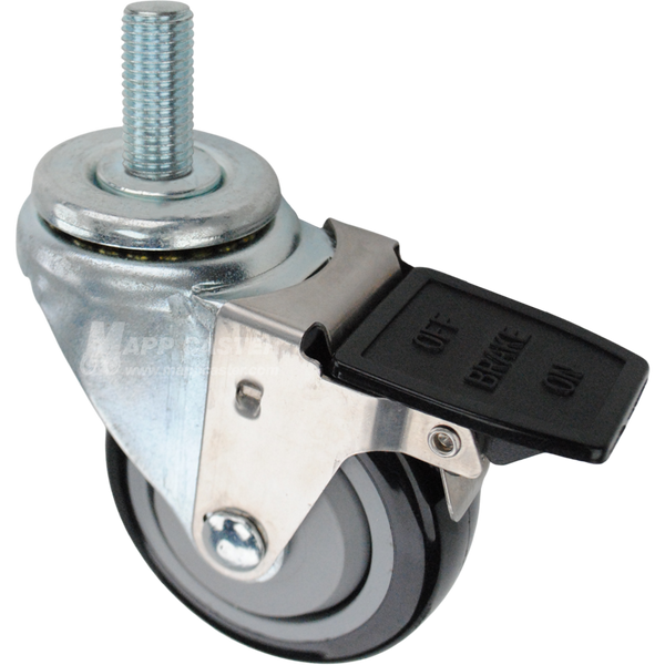 Swivel caster with a face contact brake, a 3.5 inch black polyurethane wheel and 20mm wide threaded metal stem