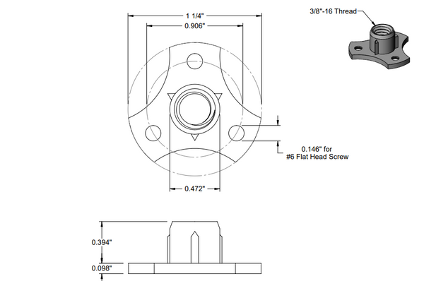 Triangle Screw-In T-Nut for 3/8"-16 Threaded Stems