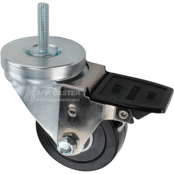 Caster wheel with face contact brake, a 3 inch black soft rubber wheel and 1-1/2 inch metal threaded stem