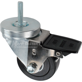 Caster wheel with face contact brake, a 3 inch black soft rubber wheel and 1-1/2 inch metal threaded stem