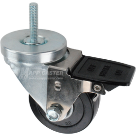 Caster wheel with face contact brake, a 3 inch black hard rubber wheel and 1-1/2 inch metal threaded stem