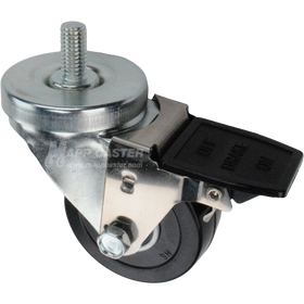 Caster wheel with face contact brake, a 3 inch black hard rubber wheel and 1 inch metal threaded stem