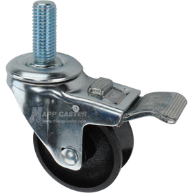 Caster wheel with a total lock brake, a 3 inch black cast iron v-groove track wheel and 1-3/4 inch metal threaded stem