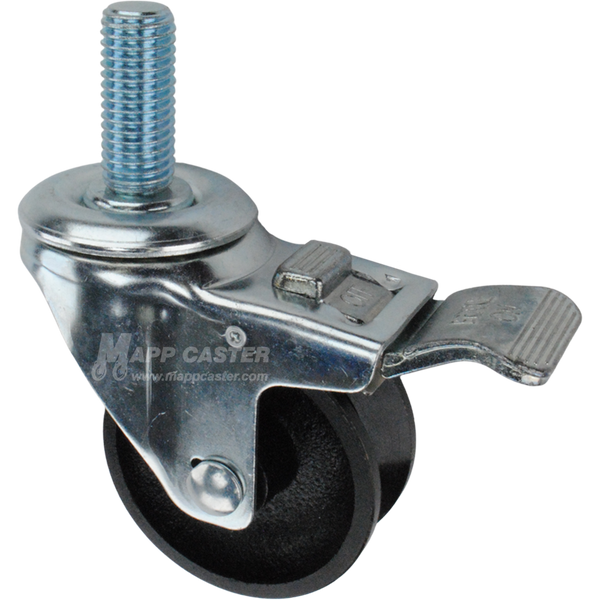 Caster wheel with a total lock brake, a 3 inch black cast iron v-groove track wheel and 1-3/4 inch metal threaded stem