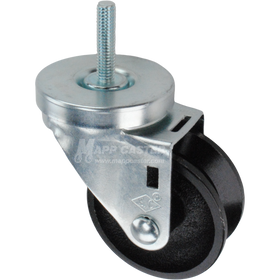 Caster wheel with a black cast iron v-groove tire and metal stem thread