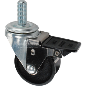 Caster wheel with face contact brake, a 3 inch black cast iron v-groove track wheel and 1-3/4 inch metal threaded stem