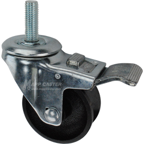 Caster wheel with a total lock brake, a 3 inch black cast iron v-groove track wheel and 1-1/2 inch metal threaded stem