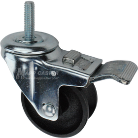 Caster wheel with a total lock brake, a 3 inch black cast iron v-groove track wheel and 1-1/2 inch metal threaded stem