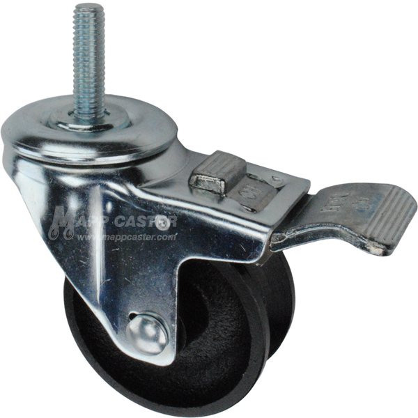 Caster wheel with a total lock brake, a 3 inch black cast iron v-groove track wheel and 1-1/2 inch metal threaded stem